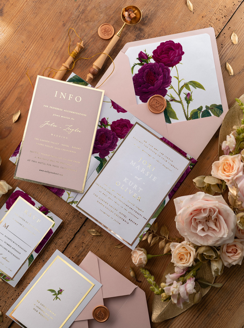 Luxury Roses Wedding Invitations,   Burgundy Roses Elegant Wedding Stationery,  Pocket Fold Pink Elegant Wedding Invitations Suite-6