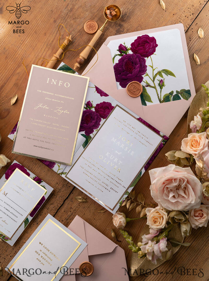  Luxury Golden Shine Wedding Invitations, Glamour Pocketfold Wedding Cards, Elegant Floral Wedding Invites, Romantic Blush Pink Wedding Stationery-1