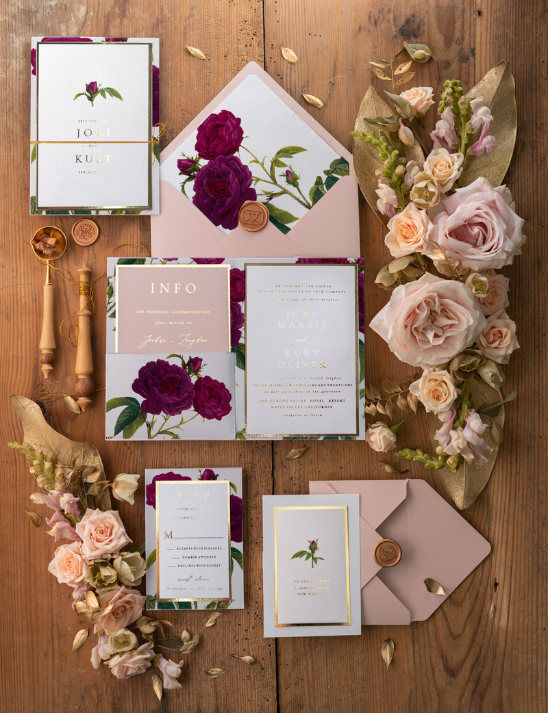 Luxury Roses Wedding Invitations,   Burgundy Roses Elegant Wedding Stationery,  Pocket Fold Pink Elegant Wedding Invitations Suite-0
