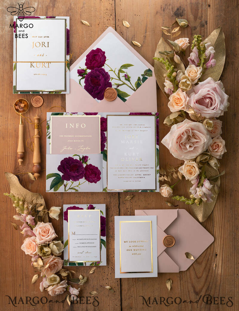  Luxury Golden Shine Wedding Invitations, Glamour Pocketfold Wedding Cards, Elegant Floral Wedding Invites, Romantic Blush Pink Wedding Stationery-0