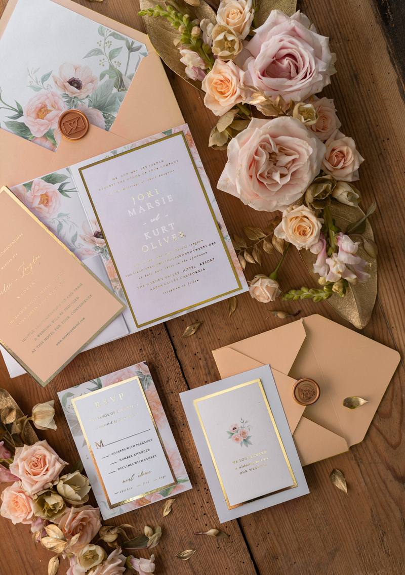 Luxury Peach Wedding Invitations,  Flowers Elegant Wedding Stationery,  Pocket Fold Peach Elegant Wedding Invitations Suite-2