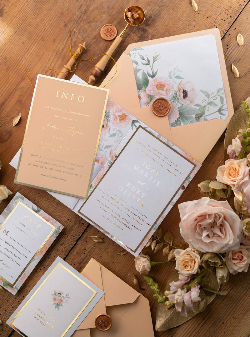 Luxury Peach Wedding Invitations,  Flowers Elegant Wedding Stationery,  Pocket Fold Peach Elegant Wedding Invitations Suite-3