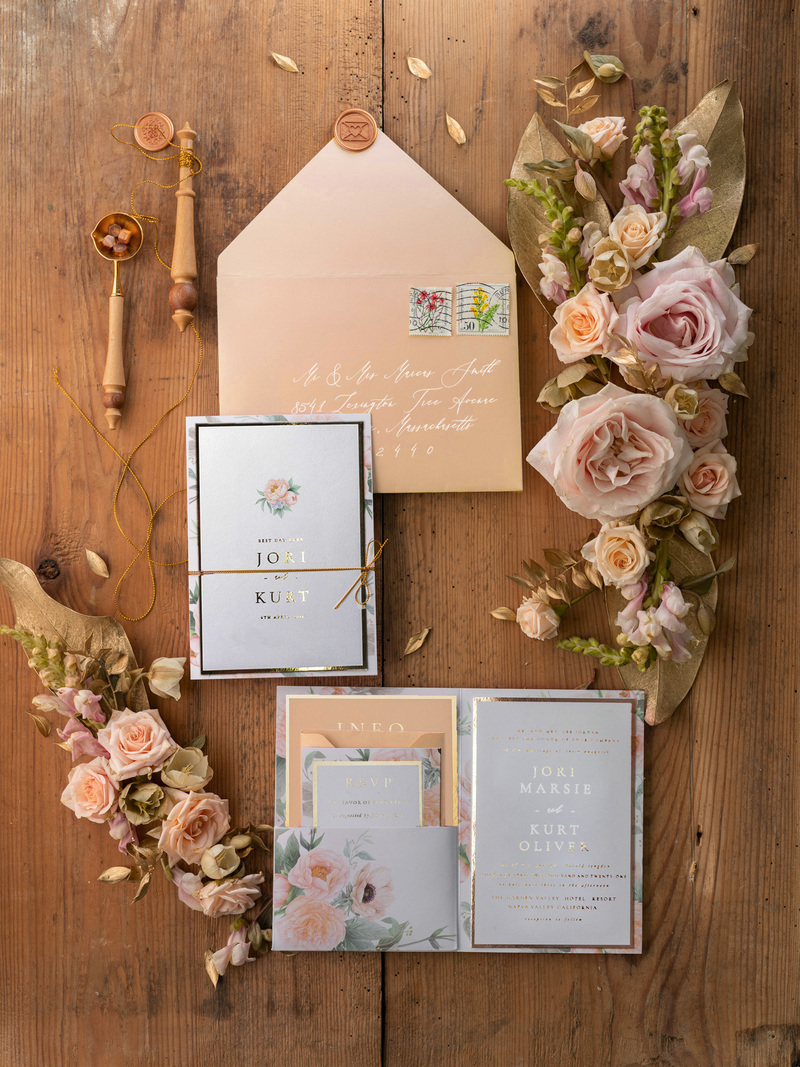 Luxury Peach Wedding Invitations,  Flowers Elegant Wedding Stationery,  Pocket Fold Peach Elegant Wedding Invitations Suite-4