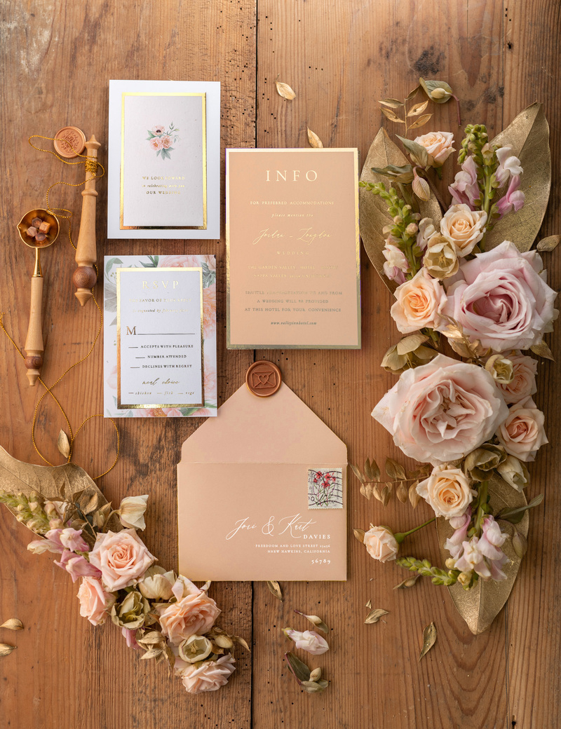 Luxury Peach Wedding Invitations,  Flowers Elegant Wedding Stationery,  Pocket Fold Peach Elegant Wedding Invitations Suite-5