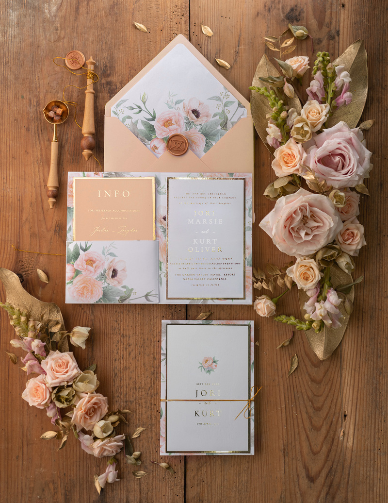 Luxury Peach Wedding Invitations,  Flowers Elegant Wedding Stationery,  Pocket Fold Peach Elegant Wedding Invitations Suite-6