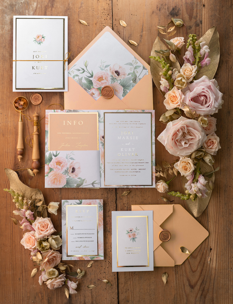 Luxury Peach Wedding Invitations,  Flowers Elegant Wedding Stationery,  Pocket Fold Peach Elegant Wedding Invitations Suite-0