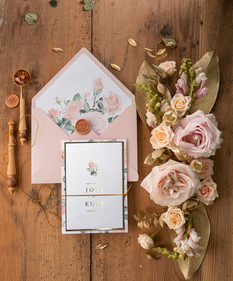  Gold Wedding Invitations, Vintage Roses Elegant Wedding Stationery,  Pocket Fold Pink Luxury Wedding Invitations Suite-2