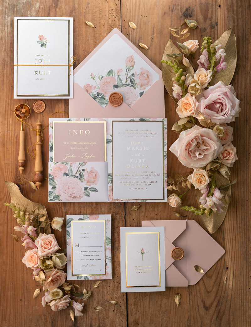  Gold Wedding Invitations, Vintage Roses Elegant Wedding Stationery,  Pocket Fold Pink Luxury Wedding Invitations Suite-0
