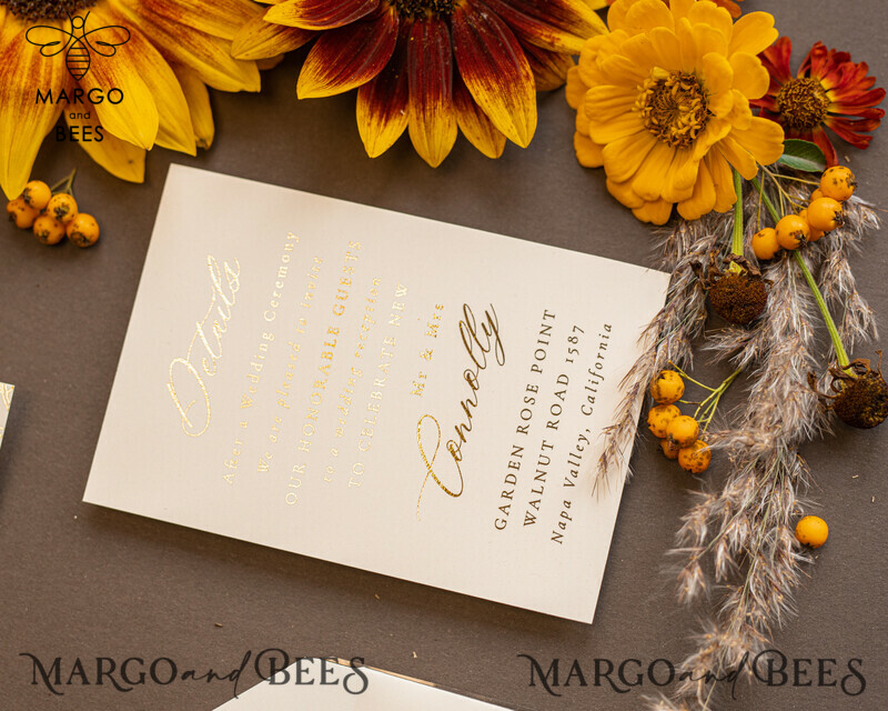 Golden Glitter Wedding Invites, Luxury Gold Foil Wedding Cards, Romantic Sunflower Wedding Invitations, Luxury Glamour Nude Wedding Stationery-10