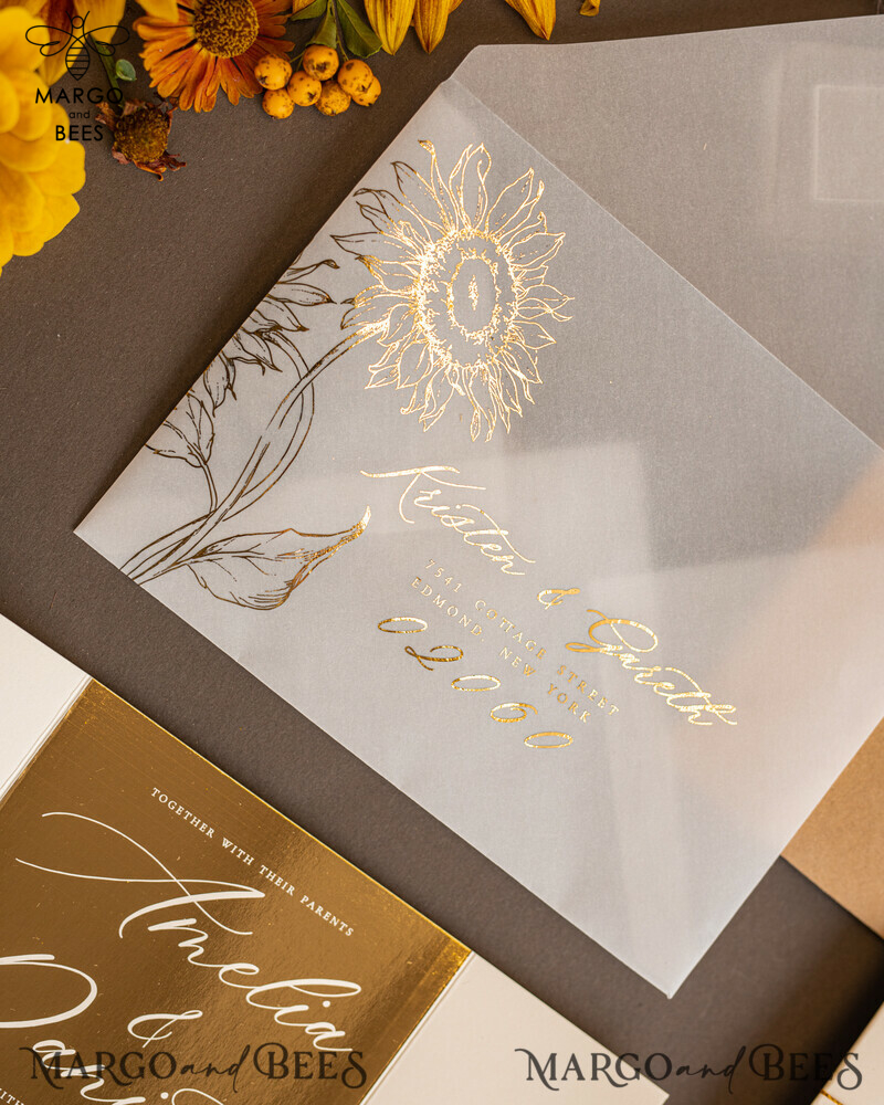 Golden Glitter Wedding Invites, Luxury Gold Foil Wedding Cards, Romantic Sunflower Wedding Invitations, Luxury Glamour Nude Wedding Stationery-7