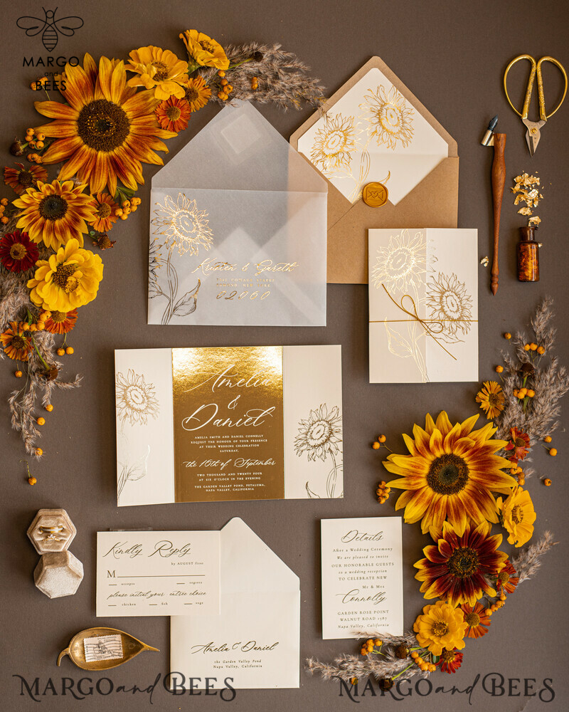 Golden Glitter Wedding Invites, Luxury Gold Foil Wedding Cards, Romantic Sunflower Wedding Invitations, Luxury Glamour Nude Wedding Stationery-0