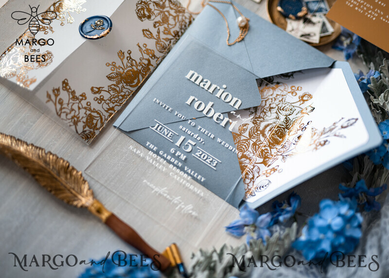 Elegant Bespoke Acrylic Ice Blue Wedding Invitations with Glamour Dusty Blue Accents and Modern Golden Plexi Suite, Adorned with Boho Glam Wedding Cards and Wax Seal-1