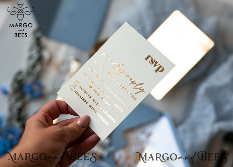 Elegant Bespoke Acrylic Ice Blue Wedding Invitations with Glamour Dusty Blue Accents and Modern Golden Plexi Suite, Adorned with Boho Glam Wedding Cards and Wax Seal-11