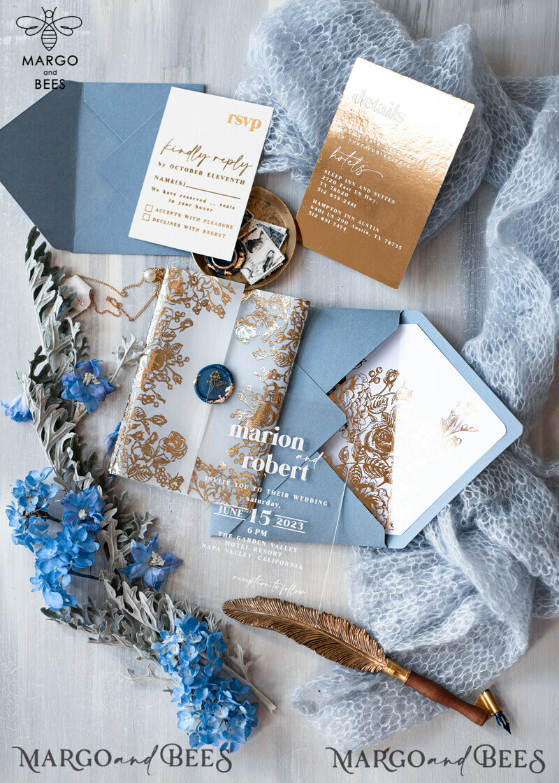 Elegant Acrylic Ice Blue Wedding Invitations with a Touch of Glamour and Modern Golden Plexi Suite, complete with Boho Glam Wedding Cards and Wax Seal-12