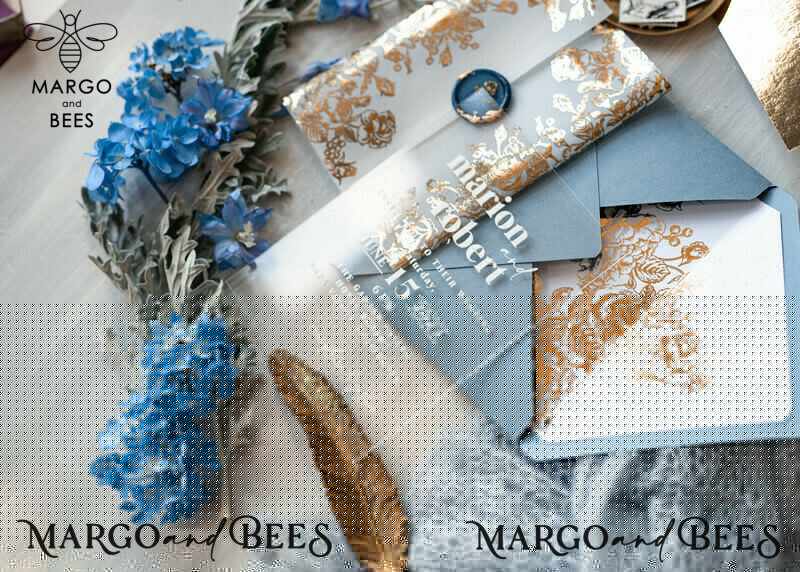 Elegant Acrylic Ice Blue Wedding Invitations with a Touch of Glamour and Modern Golden Plexi Suite, complete with Boho Glam Wedding Cards and Wax Seal-14