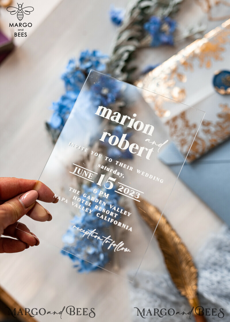 Elegant Acrylic Ice Blue Wedding Invitations with a Touch of Glamour and Modern Golden Plexi Suite, complete with Boho Glam Wedding Cards and Wax Seal-15