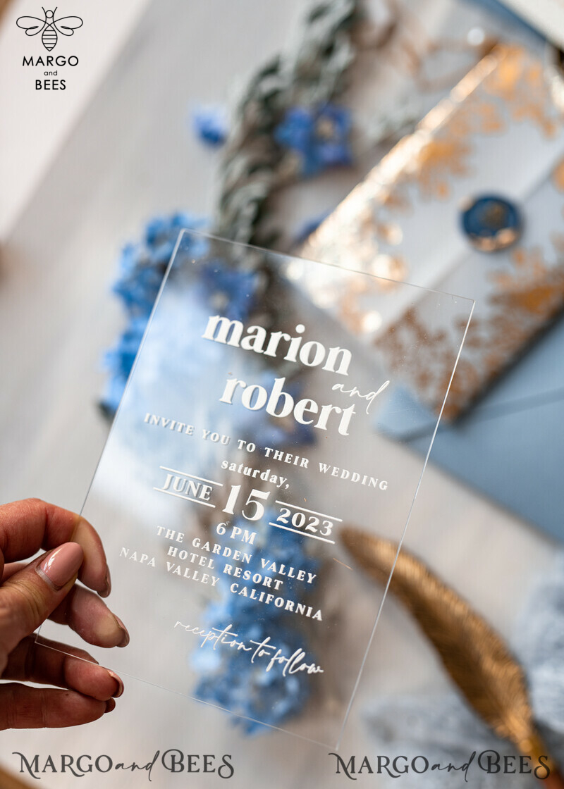 Elegant Bespoke Acrylic Ice Blue Wedding Invitations with Glamour Dusty Blue Accents and Modern Golden Plexi Suite, Adorned with Boho Glam Wedding Cards and Wax Seal-16
