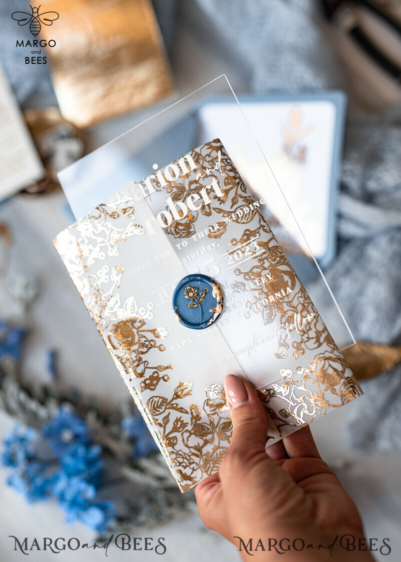 Elegant Acrylic Ice Blue Wedding Invitations with a Touch of Glamour and Modern Golden Plexi Suite, complete with Boho Glam Wedding Cards and Wax Seal-17