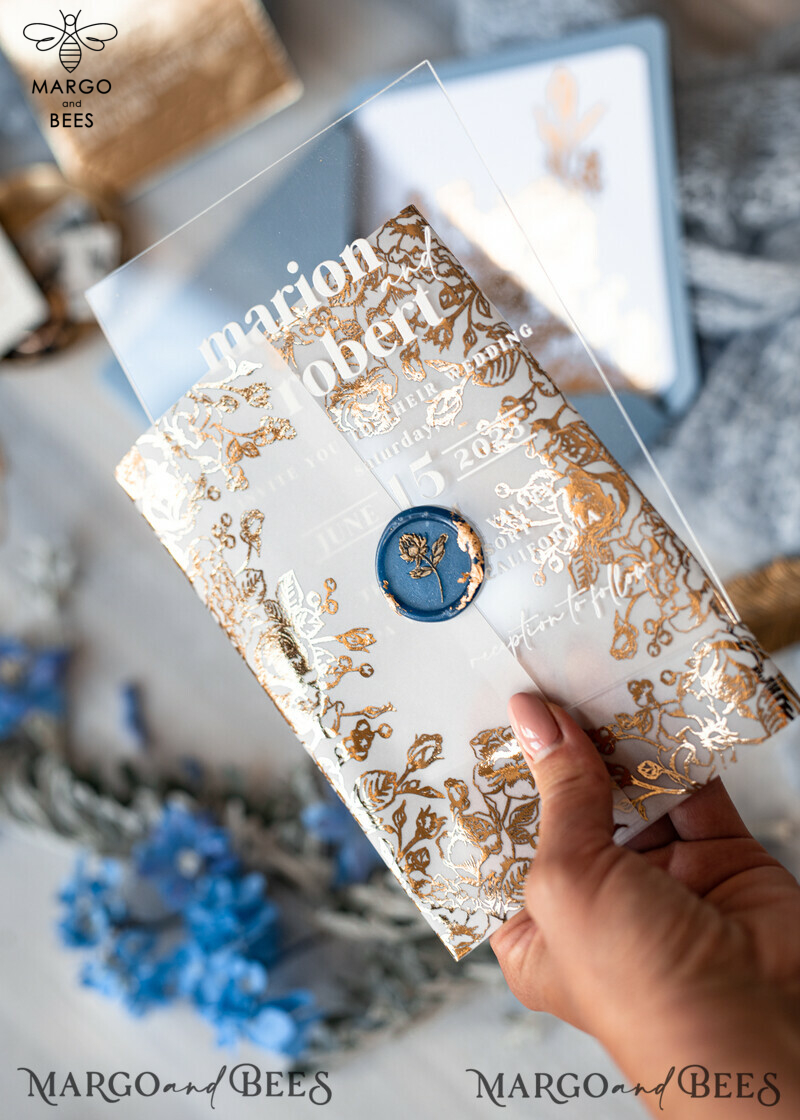 Elegant Acrylic Ice Blue Wedding Invitations with a Touch of Glamour and Modern Golden Plexi Suite, complete with Boho Glam Wedding Cards and Wax Seal-18