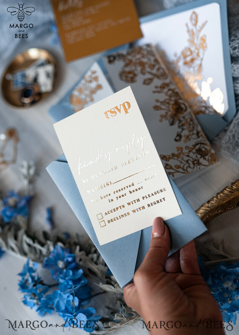 Elegant Bespoke Acrylic Ice Blue Wedding Invitations with Glamour Dusty Blue Accents and Modern Golden Plexi Suite, Adorned with Boho Glam Wedding Cards and Wax Seal-19