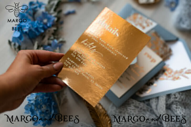 Elegant Bespoke Acrylic Ice Blue Wedding Invitations with Glamour Dusty Blue Accents and Modern Golden Plexi Suite, Adorned with Boho Glam Wedding Cards and Wax Seal-21
