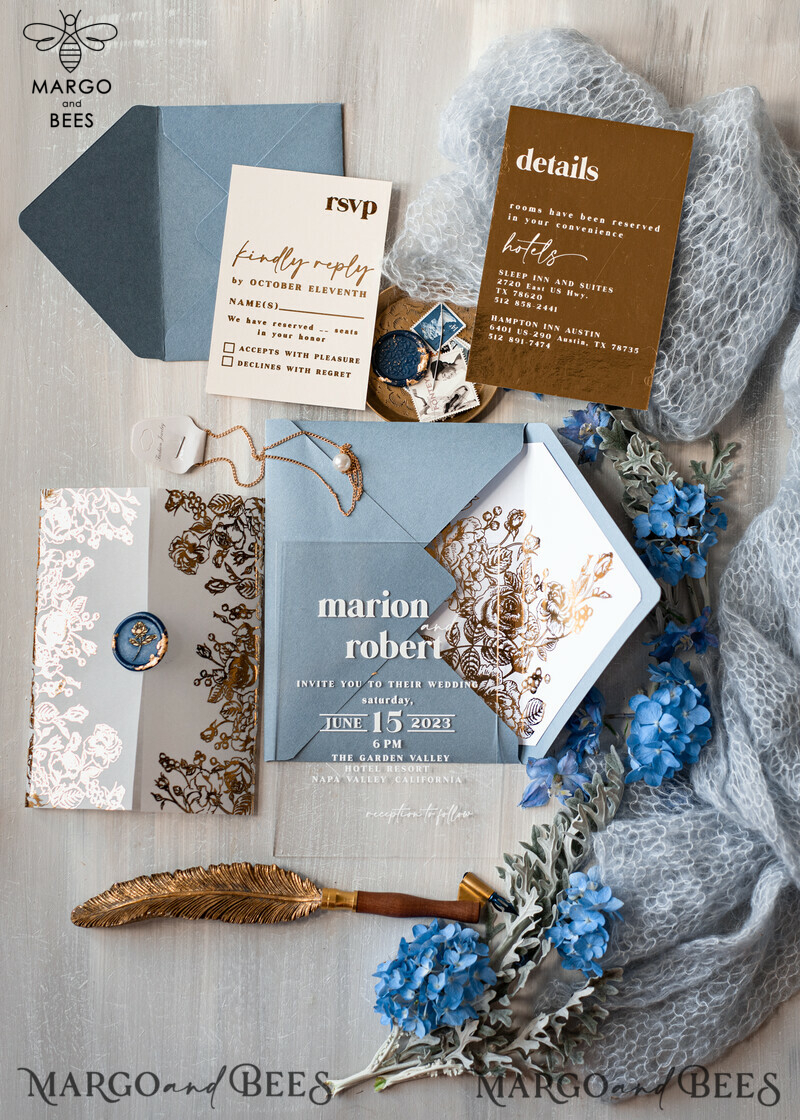 Elegant Acrylic Ice Blue Wedding Invitations with a Touch of Glamour and Modern Golden Plexi Suite, complete with Boho Glam Wedding Cards and Wax Seal-4