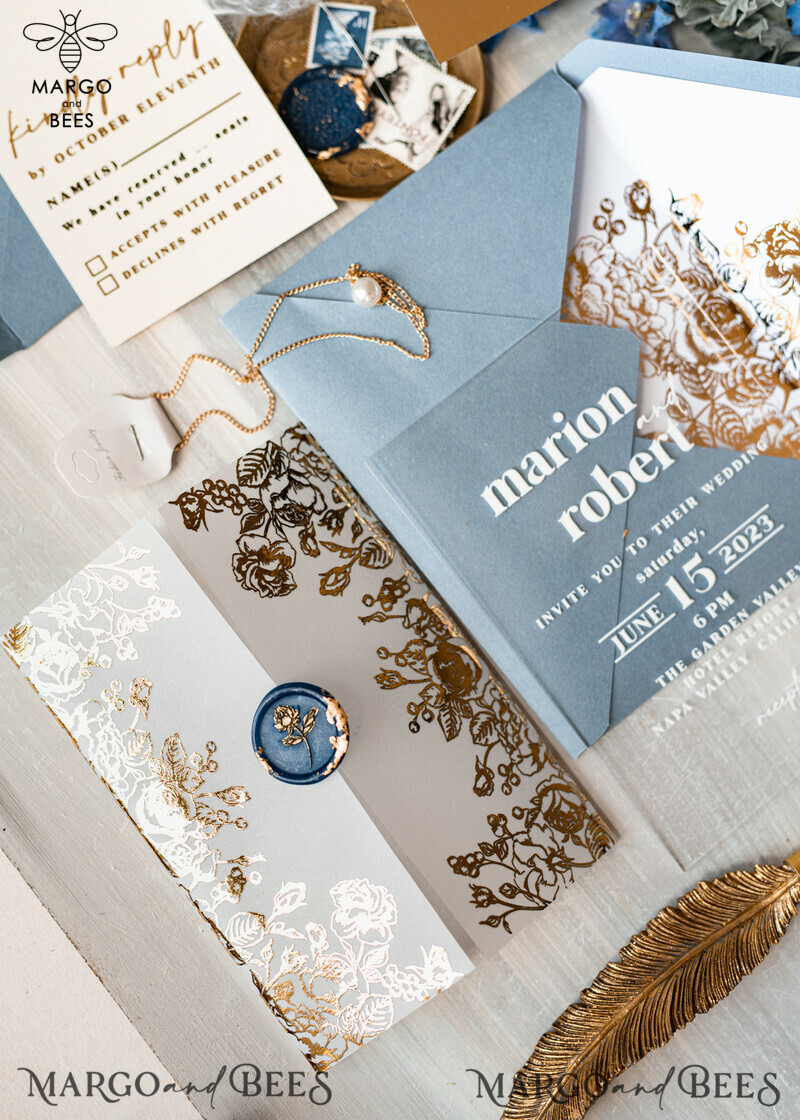 Elegant Bespoke Acrylic Ice Blue Wedding Invitations with Glamour Dusty Blue Accents and Modern Golden Plexi Suite, Adorned with Boho Glam Wedding Cards and Wax Seal-5