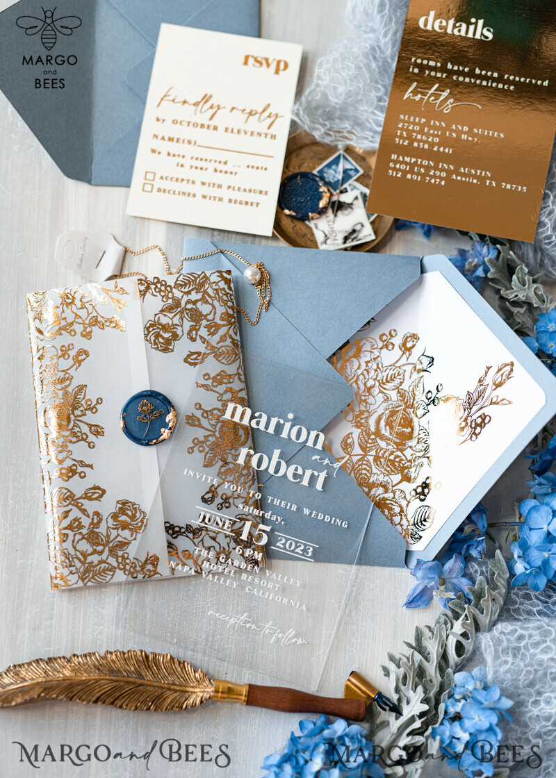 Elegant Bespoke Acrylic Ice Blue Wedding Invitations with Glamour Dusty Blue Accents and Modern Golden Plexi Suite, Adorned with Boho Glam Wedding Cards and Wax Seal-8