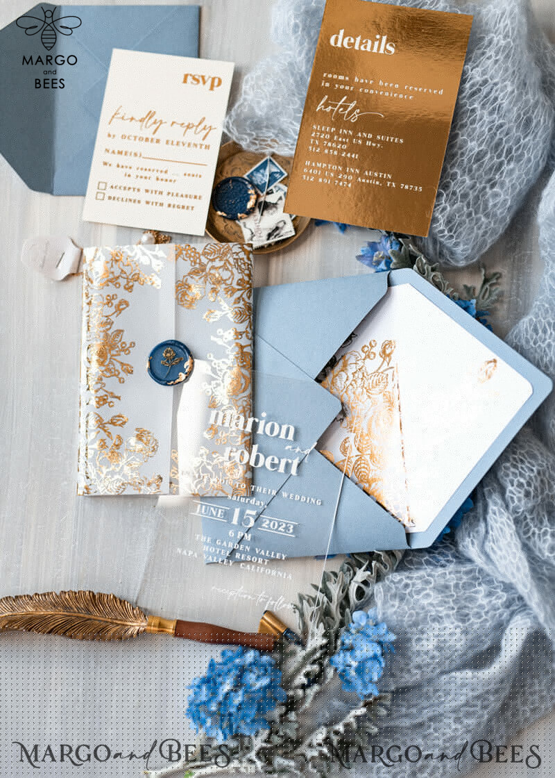 Elegant Acrylic Ice Blue Wedding Invitations with a Touch of Glamour and Modern Golden Plexi Suite, complete with Boho Glam Wedding Cards and Wax Seal-9