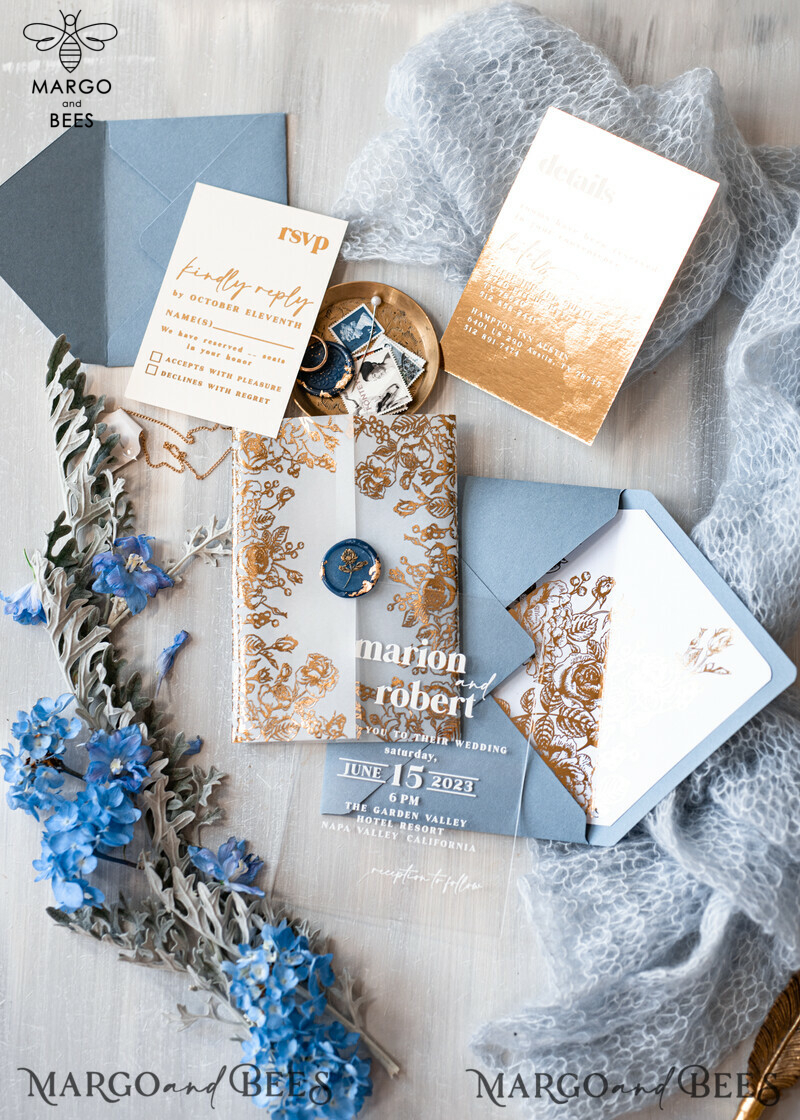 Elegant Bespoke Acrylic Ice Blue Wedding Invitations with Glamour Dusty Blue Accents and Modern Golden Plexi Suite, Adorned with Boho Glam Wedding Cards and Wax Seal-10