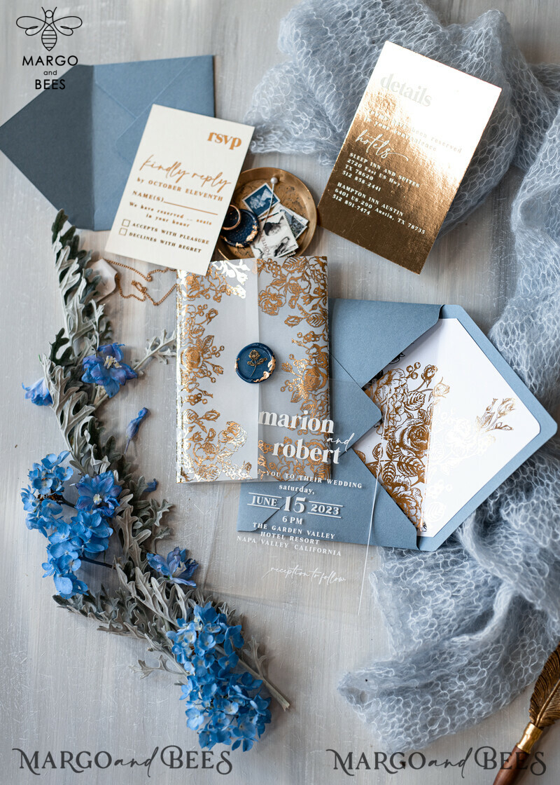 Elegant Bespoke Acrylic Ice Blue Wedding Invitations with Glamour Dusty Blue Accents and Modern Golden Plexi Suite, Adorned with Boho Glam Wedding Cards and Wax Seal-0