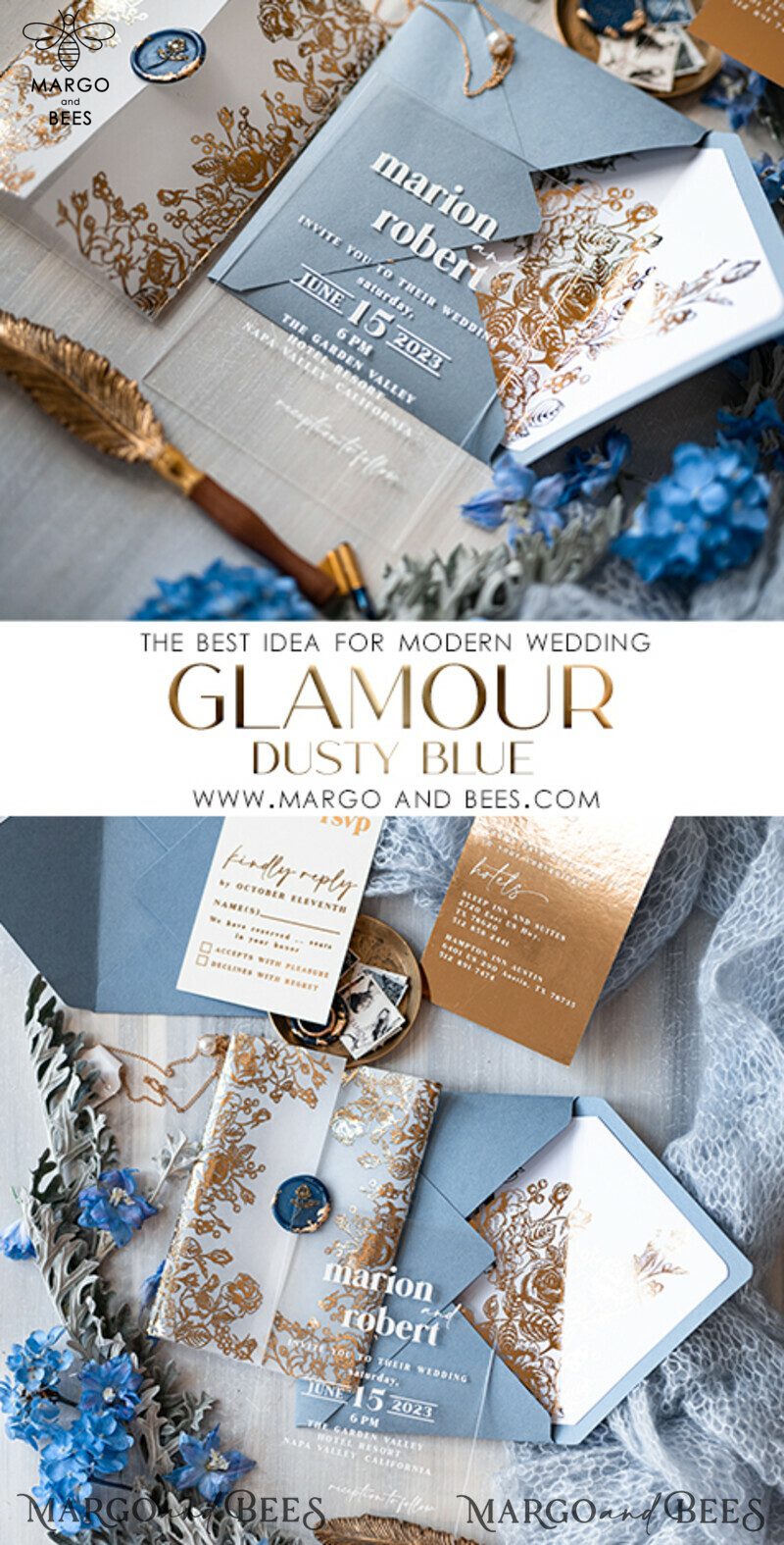 Elegant Bespoke Acrylic Ice Blue Wedding Invitations with Glamour Dusty Blue Accents and Modern Golden Plexi Suite, Adorned with Boho Glam Wedding Cards and Wax Seal-7