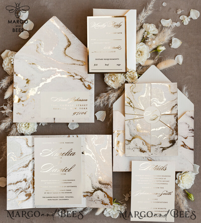 Golden Marble Wedding invitations, Luxury Gold Foil Wedding Invitation set,  Marble Glamour Wedding Invitation Suite, elegant  Wedding Cards Marble-1