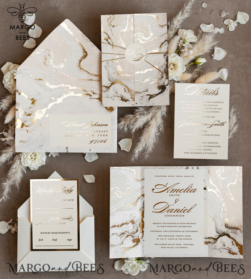 Golden Marble Wedding invitations, Luxury Gold Foil Wedding Invitation set,  Marble Glamour Wedding Invitation Suite, elegant  Wedding Cards Marble-4