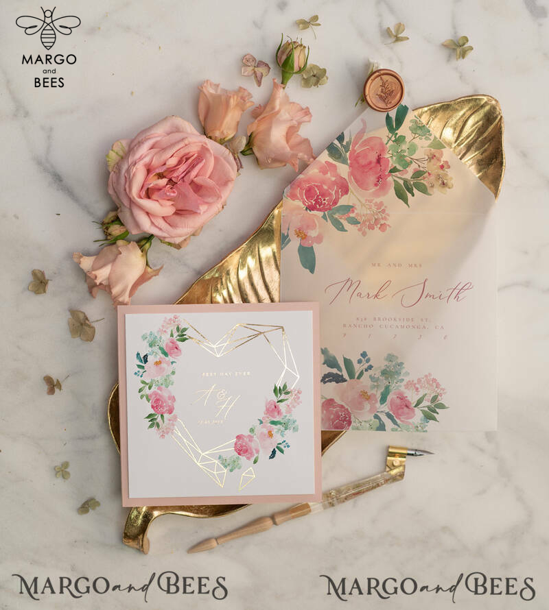 Luxury Blush Pink Wedding Invites, Glamour Gold Foil Wedding Invitations, Elegant Floral Wedding Invitation Suite, Romantic Golden Shine Wedding Cards-1