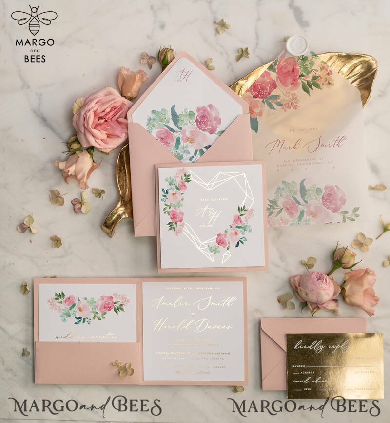 Luxury Blush Pink Wedding Invites, Glamour Gold Foil Wedding Invitations, Elegant Floral Wedding Invitation Suite, Romantic Golden Shine Wedding Cards-11