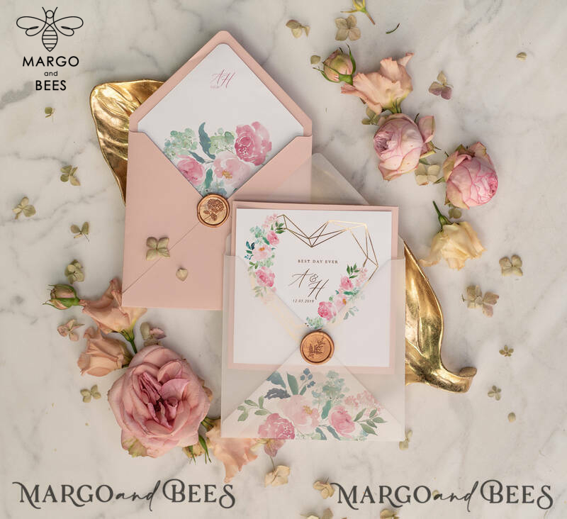Luxury Blush Pink Wedding Invites, Glamour Gold Foil Wedding Invitations, Elegant Floral Wedding Invitation Suite, Romantic Golden Shine Wedding Cards-12