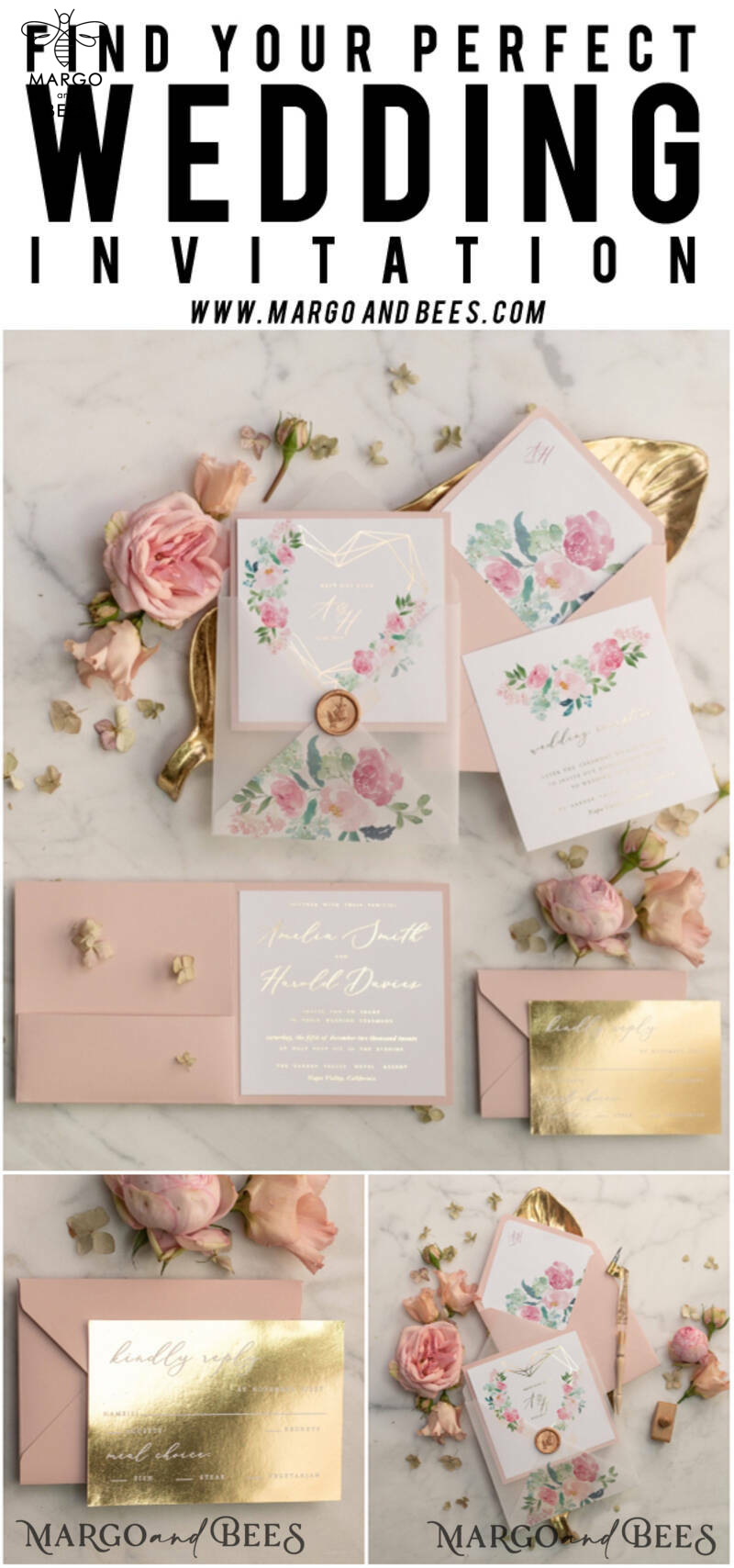 Luxory gold Wedding Invitations, Flowers Elegant Wedding Stationery,  Pink Elegant Wedding Invitations Suite-13