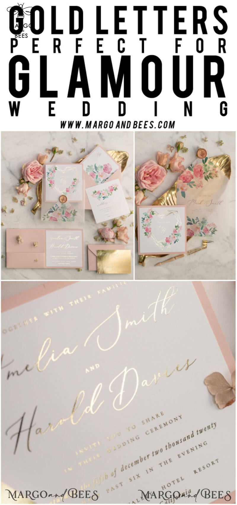 Luxury Blush Pink Wedding Invites, Glamour Gold Foil Wedding Invitations, Elegant Floral Wedding Invitation Suite, Romantic Golden Shine Wedding Cards-15