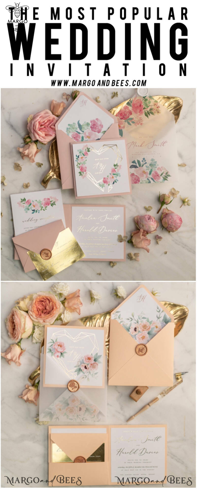 Luxory gold Wedding Invitations, Flowers Elegant Wedding Stationery,  Pink Elegant Wedding Invitations Suite-16