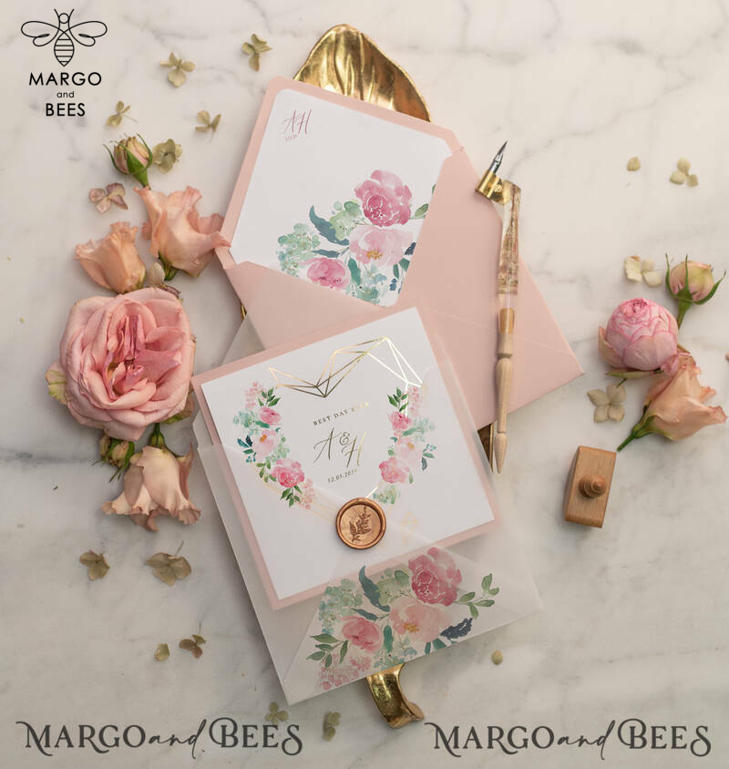 Luxury Blush Pink Wedding Invites, Glamour Gold Foil Wedding Invitations, Elegant Floral Wedding Invitation Suite, Romantic Golden Shine Wedding Cards-2