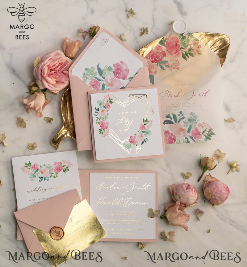 Luxury Blush Pink Wedding Invites, Glamour Gold Foil Wedding Invitations, Elegant Floral Wedding Invitation Suite, Romantic Golden Shine Wedding Cards-3