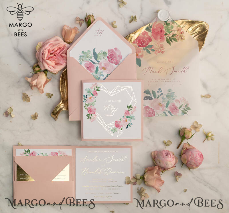 Luxury Blush Pink Wedding Invites, Glamour Gold Foil Wedding Invitations, Elegant Floral Wedding Invitation Suite, Romantic Golden Shine Wedding Cards-5