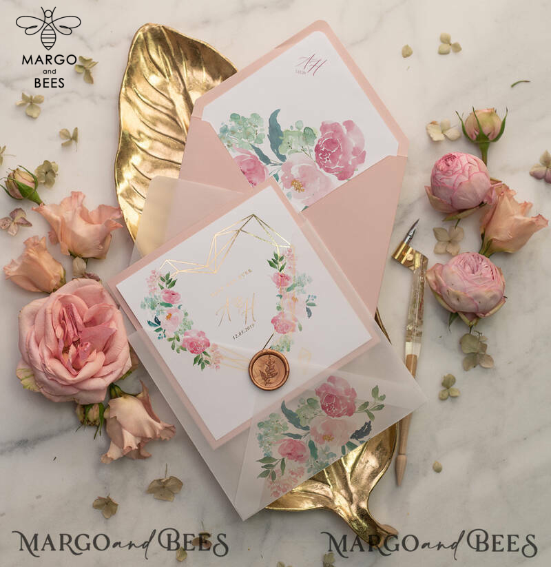 Luxury Blush Pink Wedding Invites, Glamour Gold Foil Wedding Invitations, Elegant Floral Wedding Invitation Suite, Romantic Golden Shine Wedding Cards-6