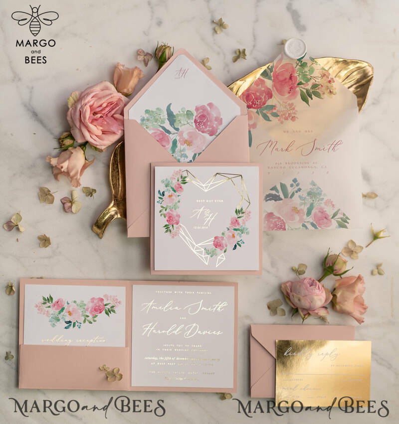 Luxury Blush Pink Wedding Invites, Glamour Gold Foil Wedding Invitations, Elegant Floral Wedding Invitation Suite, Romantic Golden Shine Wedding Cards-8