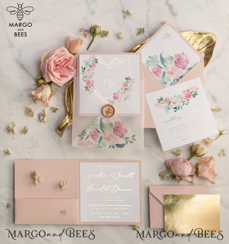 Luxury Blush Pink Wedding Invites, Glamour Gold Foil Wedding Invitations, Elegant Floral Wedding Invitation Suite, Romantic Golden Shine Wedding Cards-9