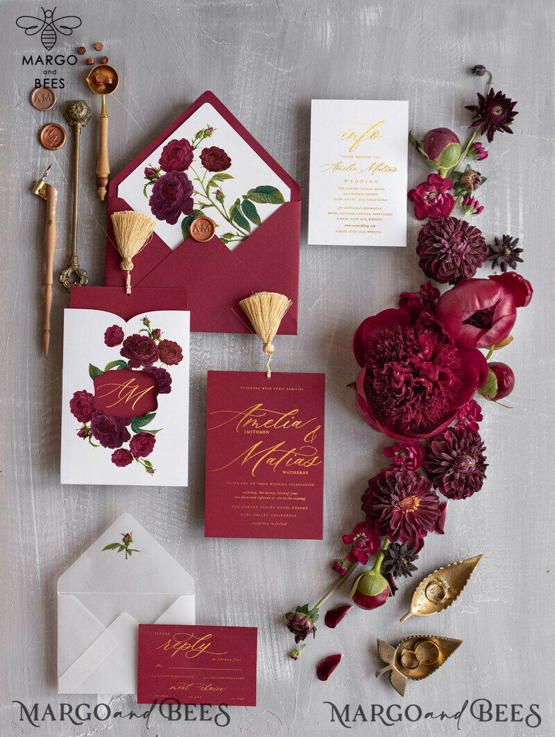 Luxury Arabic Wedding Invitation Suite, Golden Shine Wedding Invitations, Glamour Burgundy Indian Wedding Cards, Floral Pocket Wedding Invites With Gold Tassel-1