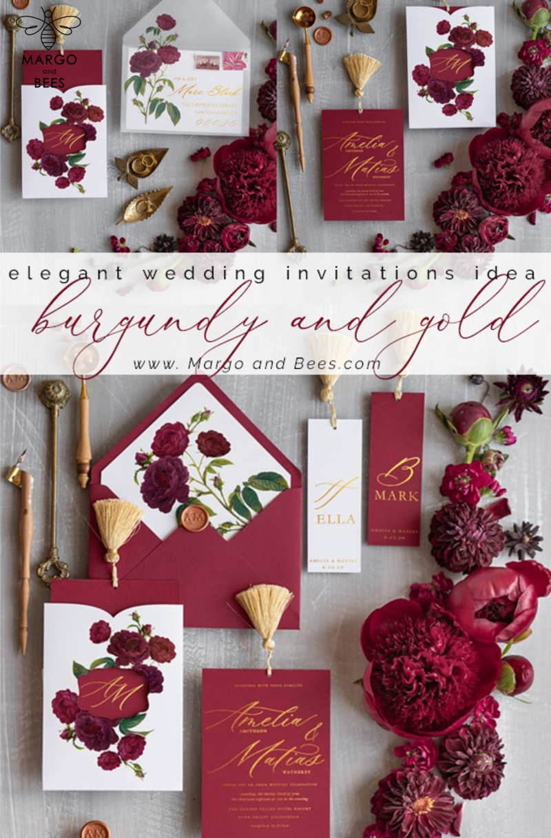 Marsala wedding invitation Suite, Luxury Indian Red and Gold Wedding Cards, Pocket Wedding Invites with gold Tassel-1