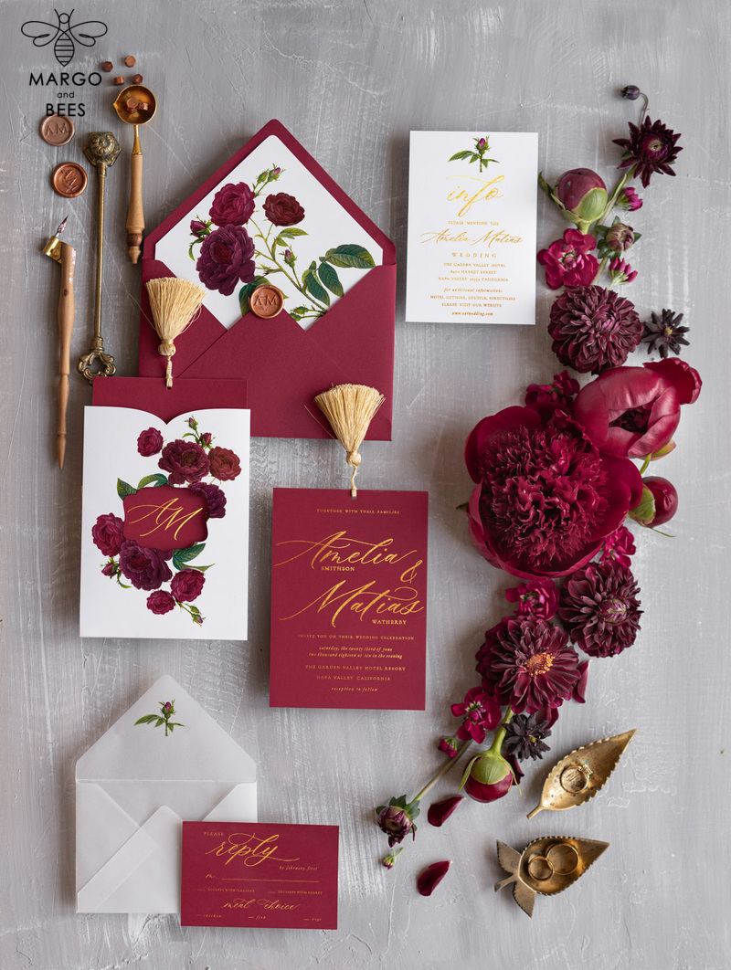 Marsala wedding invitation Suite, Luxury Indian Red and Gold Wedding Cards, Pocket Wedding Invites with gold Tassel-3