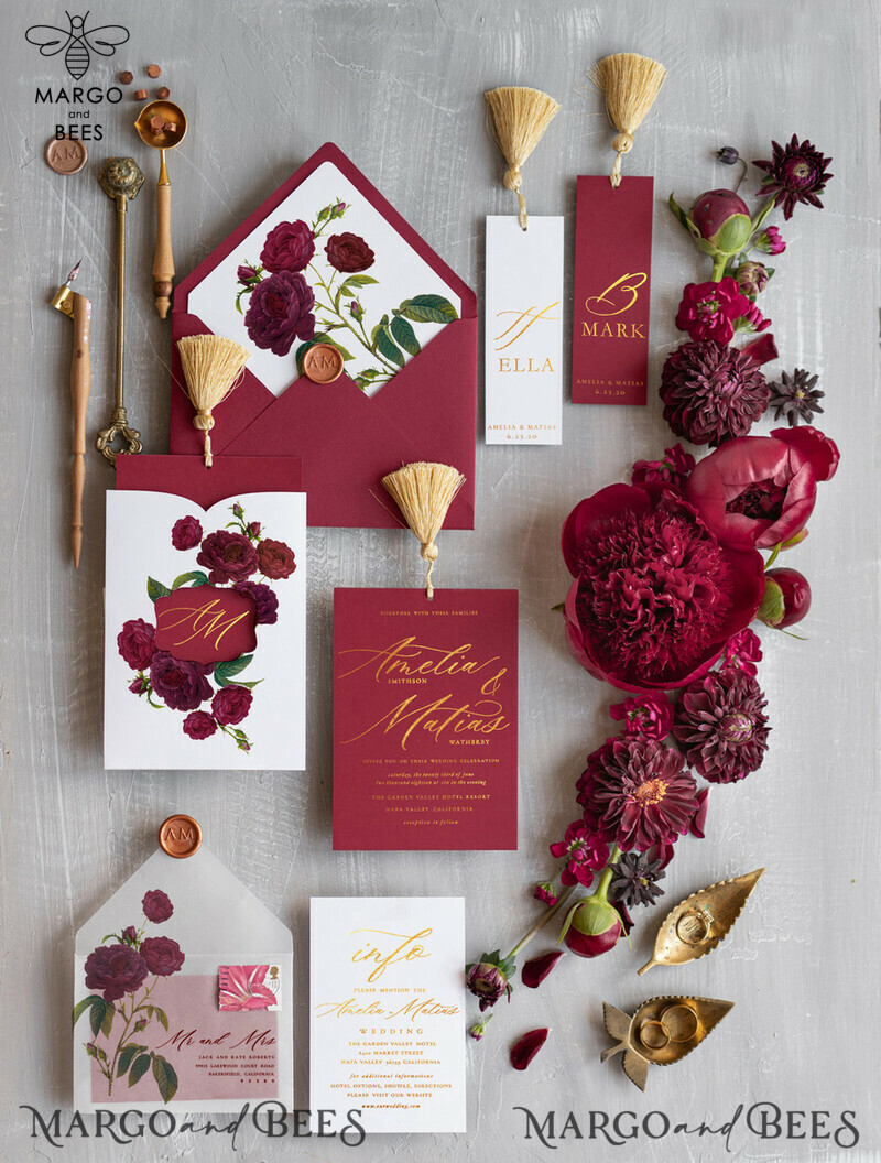 Luxury Arabic Wedding Invitation Suite, Golden Shine Wedding Invitations, Glamour Burgundy Indian Wedding Cards, Floral Pocket Wedding Invites With Gold Tassel-0
